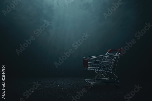 Empty Shopping Cart Against a Dim Misty Backdrop with Ample Space for Text. Economic Downturn Theme. Focused Area Highlighted