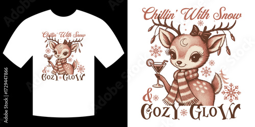 Cozy Glow Christmas Design: A whimsical illustration on a white tee, featuring a charming deer, celebrating the winter season with a cozy glow.