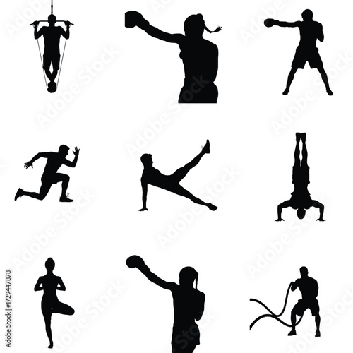 Silhouettes of diverse fitness activities including yoga boxing running and strength training showcase a healthy and active lifestyle concept