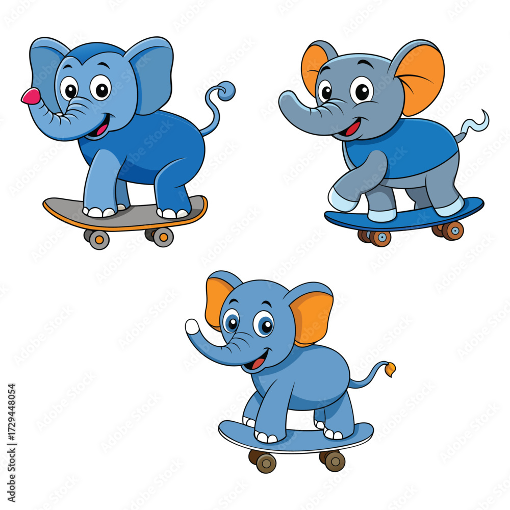 Naklejka premium Skateboarding Elephants — Cute Cartoon Vector Collection in Dynamic Poses