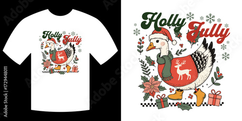 Holly Jolly Duck: A Festive Duck Illustration with a Holiday Theme, showcasing a charming duck character adorned in seasonal attire, perfect for cheerful Christmas designs.