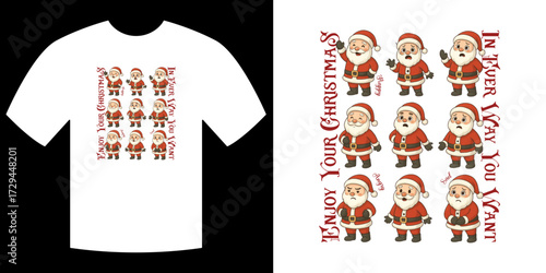 Christmas T-Shirt Design: A festive illustration of a t-shirt featuring the jolly Santa Claus with text. Embodying holiday spirit, this image will light up your winter wonderland.