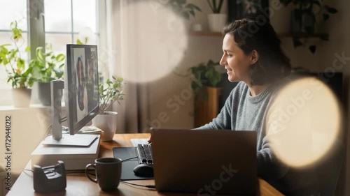 Woman work on computer at home desk with natural lighting