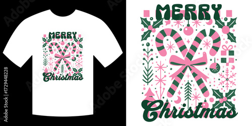 Merry Christmas T-Shirt Design: The charming festive design features candy canes and ornaments with the Merry Christmas message on a pristine t-shirt, perfect for spreading holiday cheer.