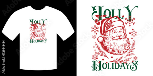 Christmas Tee Design: A festive t-shirt features a jolly illustration of Santa Claus, perfect for spreading holiday cheer. The design embodies the spirit of Christmas.