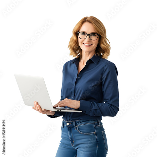 Smiling middle-aged professional woman in casual business attire working on her laptop computer while standing against a white studio background