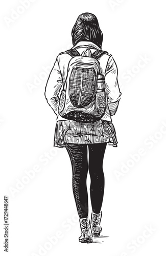 One young modern city girl with  backpack walking outdoors, rear view, sketch, realistic hand drawing, vector illustration