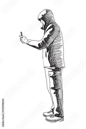 One young modern man photographing on smartphone, standing, jacket  hood, profile view, outdoors, realistic sketch, vector contour hand drawing, white background