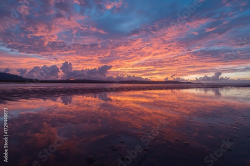 Stunning sunset with vivid orange, pink, blue, and purple clouds mirrored in sandy rain puddles