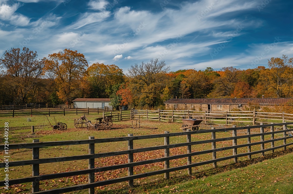 Fototapeta premium Autumn Splendor Featuring Wooden Fences, Horse Enclosures, and Garden Tools