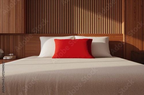 Wallpaper Mural Contemporary bedroom setup featuring a white bed and red cushions with a wooden backdrop Torontodigital.ca