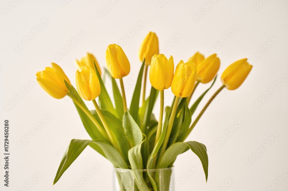 Fototapeta premium Yellow tulips arranged in a vase illuminated by lights on a white backdrop
