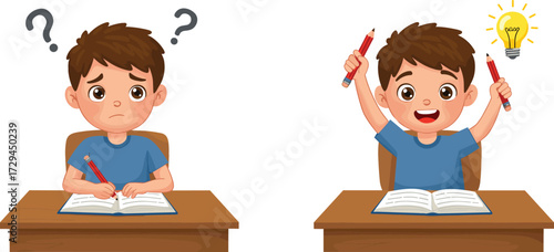Cartoon boy confused with homework and then happy with idea, student studying at desk, education concept with book, pencil, light bulb