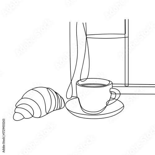 Minimalist line drawing of coffee cup and croissant by window  