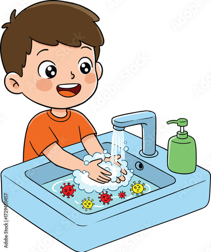 Cartoon boy washing hands with soap and water, child hygiene illustration, virus prevention, kids health, sink, germs, safety concept
