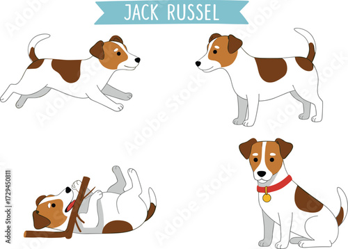 Cartoon illustration of Jack Russell dog breed, cute puppy in different poses, playful pet character, sitting, running, standing, chewing stick