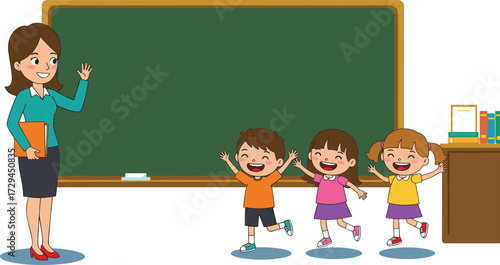 Cartoon teacher with happy children in classroom, kids learning at school, blackboard background, education concept, joyful students illustration