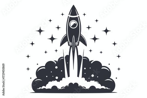 Rocket Launching in Space, Smoke Trails, Stars, Silhouette Design, White Background