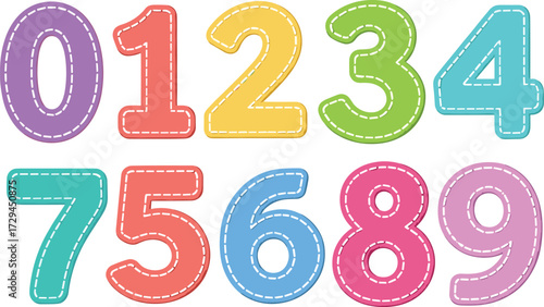 Colorful stitched numbers illustration, kids learning numbers design, educational counting graphic, playful preschool math clipart, bright cartoon numeric vector art