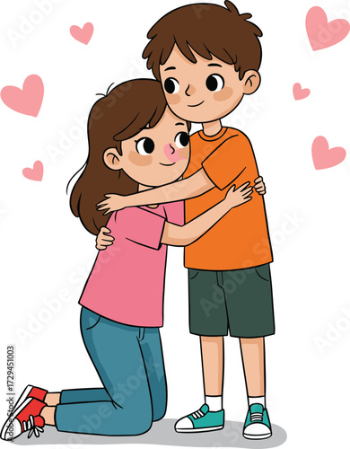 Cute cartoon boy and girl hugging with hearts, happy children illustration, family love, friendship, affection, Valentine’s day concept art