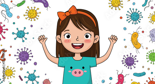 Happy cartoon girl raising hands, surrounded by colorful bacteria and virus germs, health concept, immunity, hygiene education, children illustration
