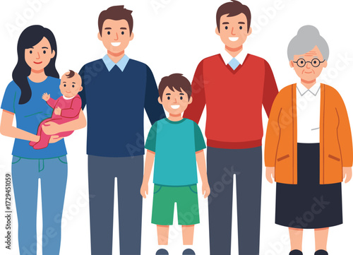 Happy family portrait illustration, cartoon characters, parents children grandparents, multigenerational family together, people standing smiling, flat design family concept