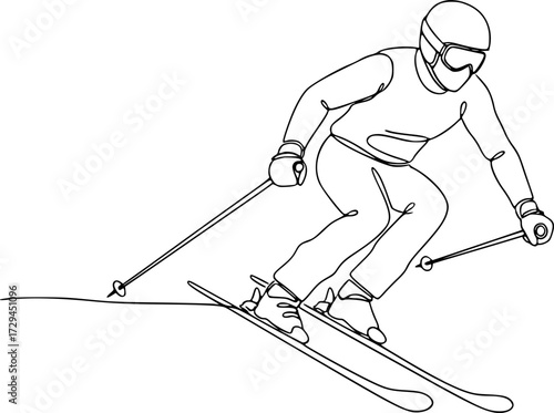 Skiing athlete in motion with poles on snowy slope  