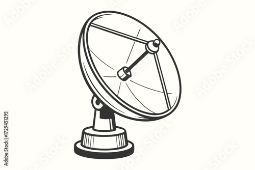 Satellite Dish Icon with Detailed Outlines Isolated on White Background