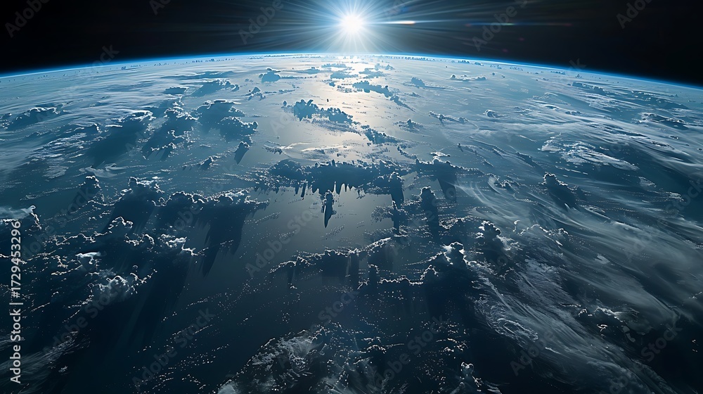 Fototapeta premium Stunning Earth view from space with sun shining brightly over clouds and oceans, inspiring awe and wonder for global connectivity and exploration