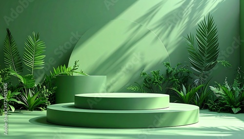 Green pedestal display with tropical plants