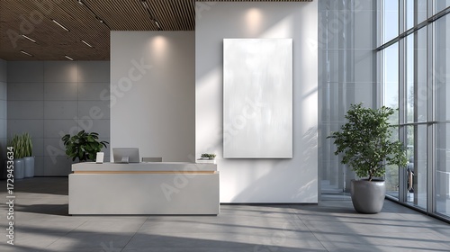 Modern office lobby interior design with blank canvas mockup and reception desk for branding showcase