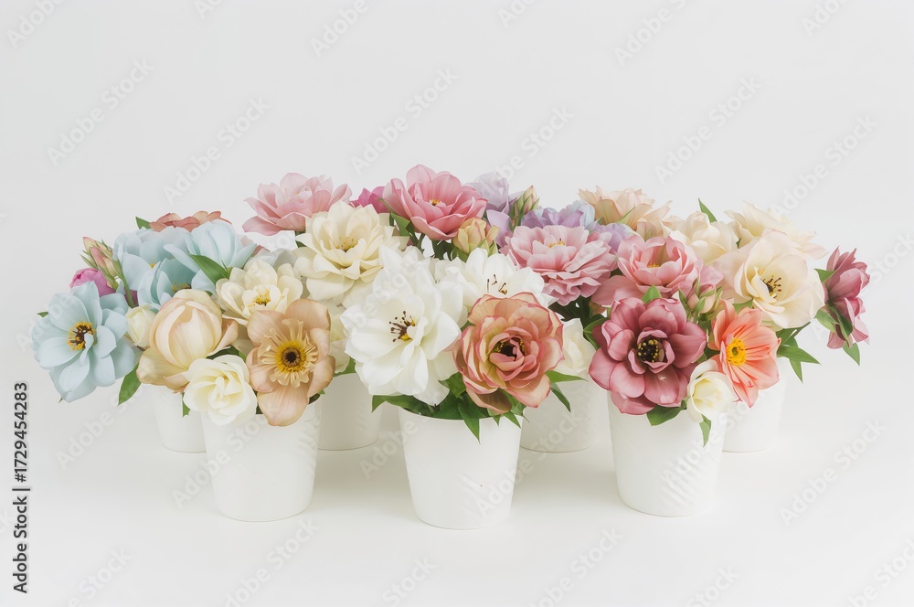 Obraz premium Vibrant plastic blossoms showcased in white containers against a plain white backdrop
