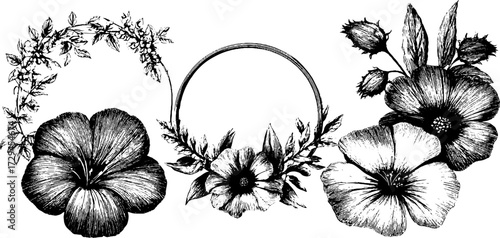 Art nouveau floral motifs hand drawn engraving for vintage design