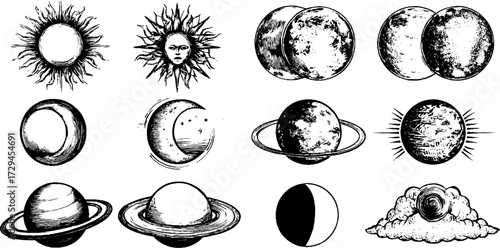 Vintage celestial bodies engraving set featuring sun, moon, and planets for decor and design
