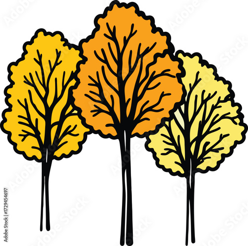 Vibrant autumn trees rendered in warm orange and yellow watercolor tones perfect for seasonal designs