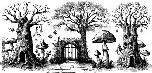 Enchanted forests engraving set with mystical trees and mushrooms - design for print, card, poster