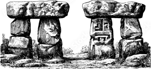 Engraved illustration of ancient runes carved on stone structures in a natural setting