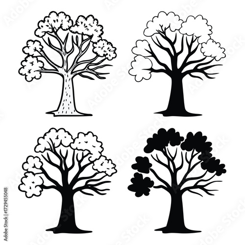 Collection of stylized trees representing spring summer and autumn seasons