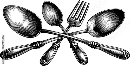 Vintage engraved illustration of antique spoons and forks for retro kitchen decor
