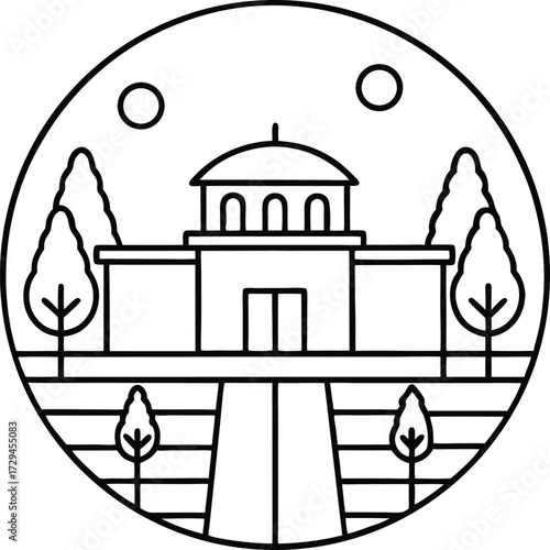 Simple circular architectural plan with stylized trees and clean line art elements