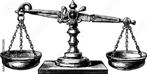 Vintage engraving of an apothecary style balance scale for design and decor