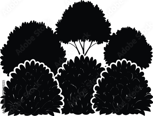 Solid black silhouette collection of diverse bushes and hedges for landscape design and nature graphics
