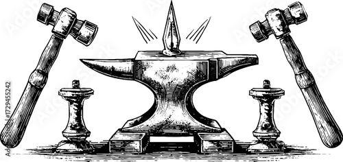 Vintage blacksmith tools featuring hammer and anvil - hand drawn engraving for retro design