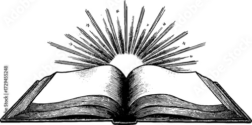 Vintage engraved illustration of open book with radiant sunburst for educational and literary design