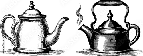 Vintage engraving of classic teapot and kettle for retro design themes