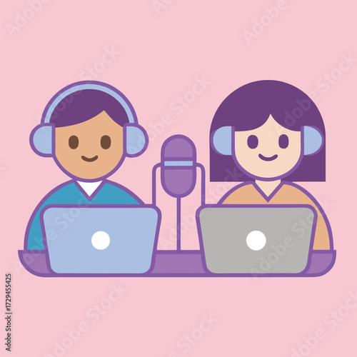 Two cartoon people wearing headphones and using laptops with a microphone in the middle representing podcasting or online communication and collaboration
