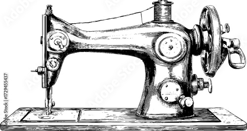 Vintage engraved illustration of antique sewing machine for retro design and decor