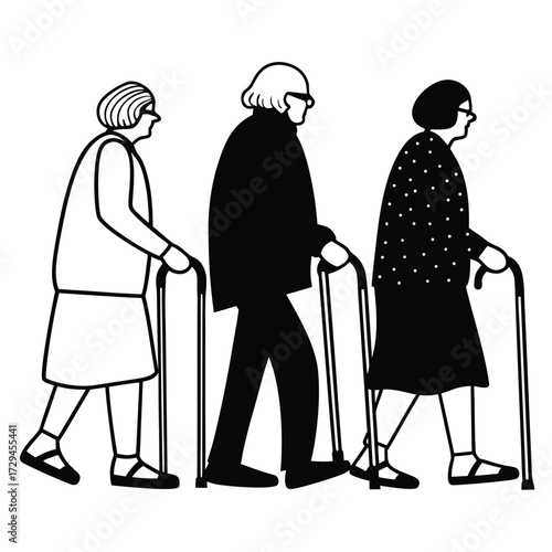 Collection of diverse elderly people silhouettes in various walking poses and activities