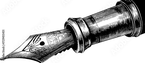 Vintage engraved illustration of close-up fountain pen nib for retro design projects