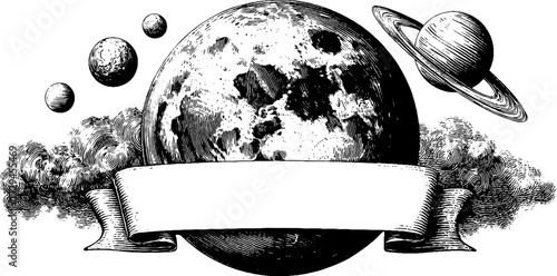 Vintage engraved moon and planets close-up with ornate celestial detail and cosmic charm.
